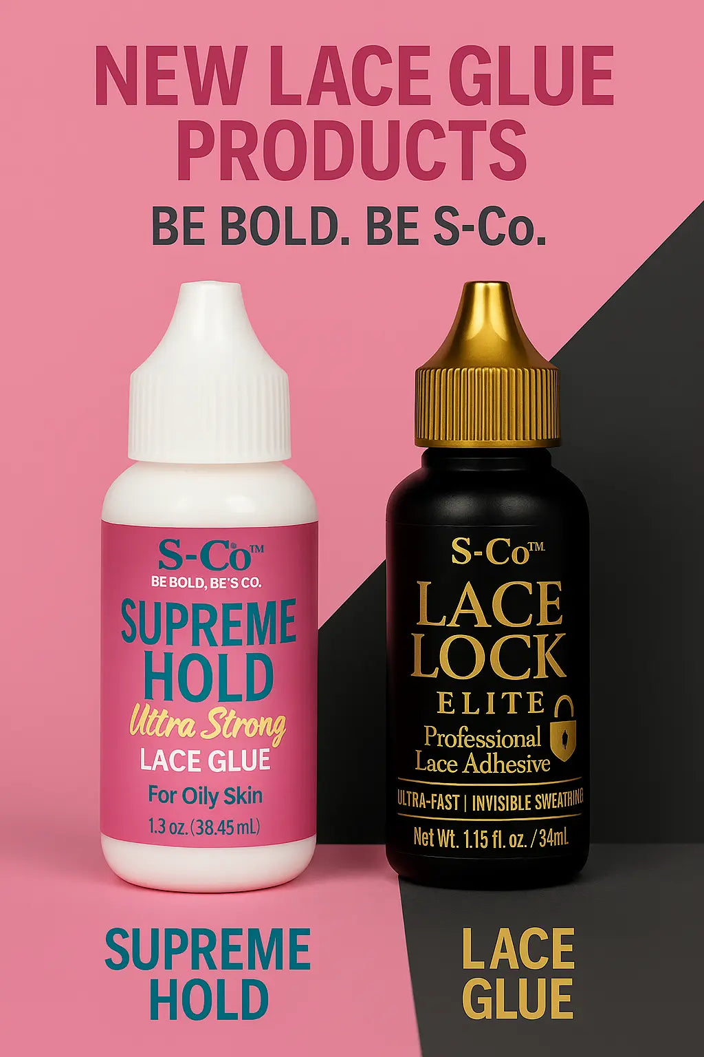 S-Co™ Lace Lock Elite Professional Lace Adhesive in black and gold bottle – ultra-fast, invisible, waterproof and sweat-proof wig glue, safe for all skin types.
