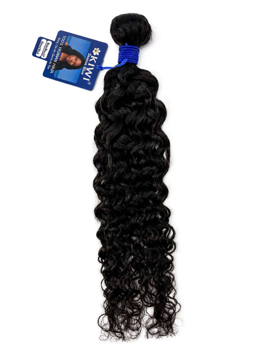 A bundle of long, black, deep wave hair extensions with a blue elastic band and a blue brand tag, shown against a plain white background.